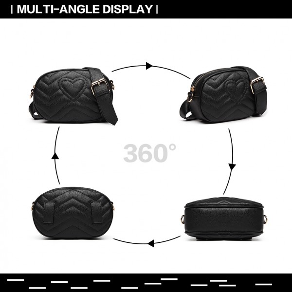 LH6834 - Miss Lulu Quilted Heart and Chevron Cross Body and Bum Bag - Black